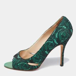 Pre Owned Manolo Blahnik Black/Green Lace and Leather Open-Toe Pumps Size 38.5