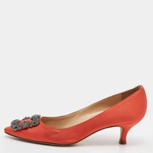 Pre Owned Manolo Blahnik Orange Satin Hangisi Pumps Size 37.5