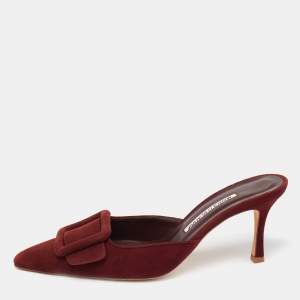Pre Owned Manolo Blahnik Burgundy Suede Maysale Mules Size 39