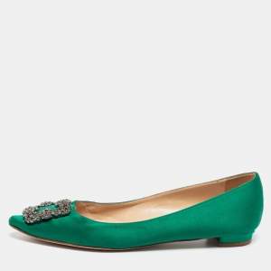 Pre Owned Manolo Blahnik Green  Satin Hangisi Ballet Flats Size 39.5