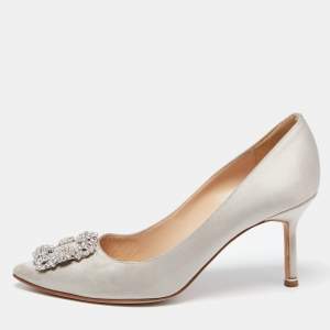 Pre Owned Manolo Blahnik Grey Satin Hangisi Crystal Embellished Pumps Size 38
