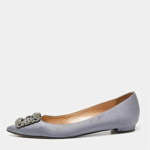 Pre Owned Manolo Blahnik Grey Satin Hangisi Embellished Ballet Flats 38.5