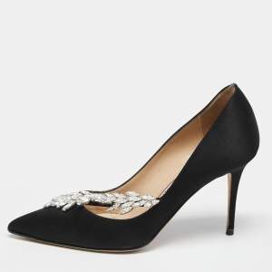 Pre Owned Manolo Blahnik Black Satin Jewel Nadira Pointed Toe Pumps Size 35