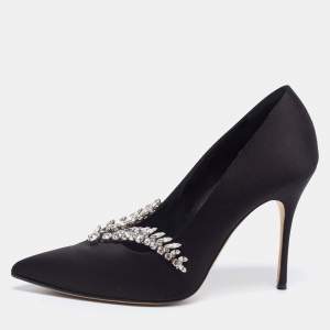 Pre Owned Manolo Blahnik Black Satin Jewel Embellished Shufti Pumps Size 41
