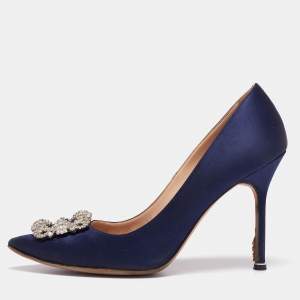 Pre Owned Manolo Blahnik Navy Blue Satin Hangisi Pumps Size 41