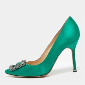 Pre Owned Manolo Blahnik Green Satin Hangisi  Pumps Size 38