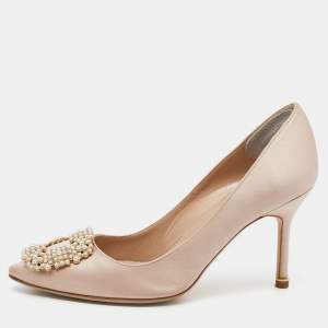 Pre Owned Manolo Blahnik Beige Satin Hangisi Pointed Toe Pumps Size 37.5