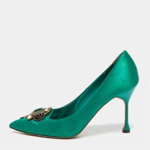 Pre Owned Manolo Blahnik Green Satin Eufrasia Pointed Toe Pumps Size 39