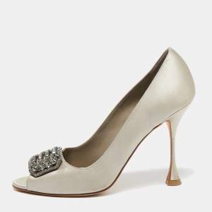 Pre Owned Manolo Blahnik Grey Satin Embellished Peep Toe Pumps Size  39.5 