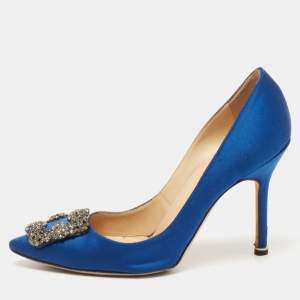 Pre Owned Manolo Blahnik Blue Satin Hangisi Pumps Size 37.5