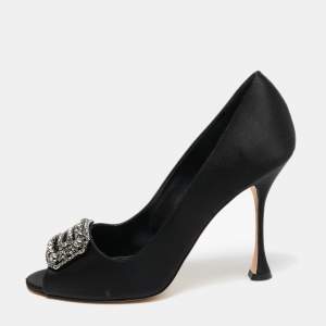 Pre Owned Manolo Blahnik Black Satin Matik Peep Toe Pumps Size 38.5 