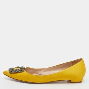 Pre Owned Manolo Blahnik Yellow Satin Hangisi Crystal Embellished Ballet Flats Size 38.5