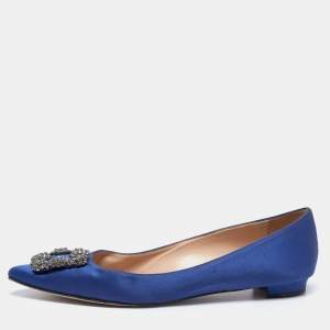 Pre Owned Manolo Blahnik Blue Satin Hangisi Ballet Flats Size 40.5