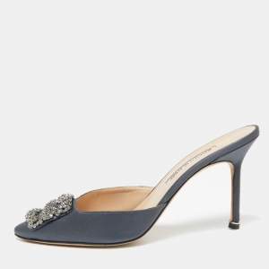 Manolo Blahnik Grey Satin Hangisi Mule Sandals Size 40
