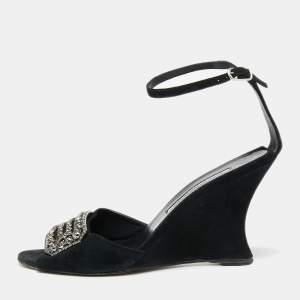 Pre Owned Manolo Blahnik Black Suede Crystal Embellished Trice Wedge Sandals Size 40
