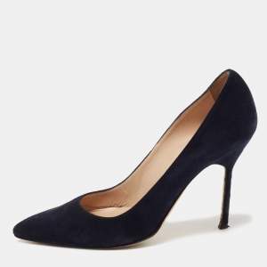 Manolo Blahnik Navy Blue Suede BB Pointed Toe Pumps Size 35.5