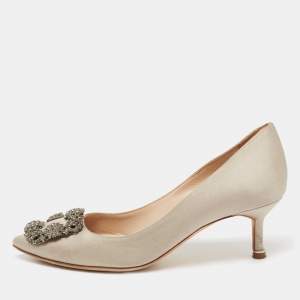 Pre Owned Manolo Blahnik Grey Satin Hangisi Pumps Size 35