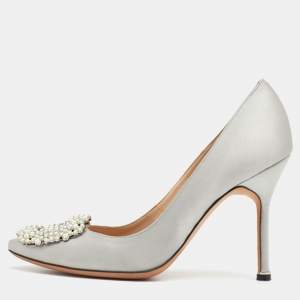 Pre Owned Manolo Blahnik Grey Satin Hangisi Pumps Size 36