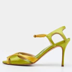 Pre Owned Manolo Blahnik Green/Yellow Satin Ankle Strap Sandals Size 39.5
