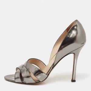 Pre Owned Manolo Blahnik Metallic Pewter Leather Cutout Open Toe Pumps Size 40