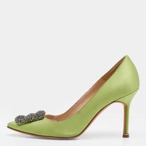 Pre Owned Manolo Blahnik Light Green Satin Crystal Embellished Hangisi Pumps Size 36.5