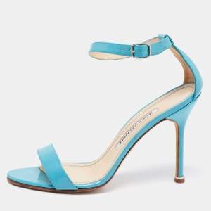 Pre Owned Manolo Blahnik Blue Patent Leather Ankle Strap Sandals Size 38
