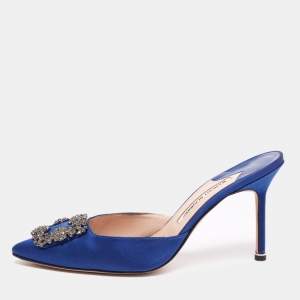 Pre Owned Manolo Blahnik Blue Satin and Crystal Buckle Hangisi Mules Size 40.5