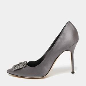 Pre Owned Manolo Blahnik Grey Satin Hangisi Pumps Size 40.5