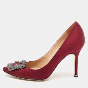 Pre Owned Manolo Blahnik Burgundy Satin Hangisi Pumps Size 37