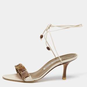 Pre Owned Manolo Blahnik Off-White Leather Strappy Ankle Wrap Sandals Size 36.5