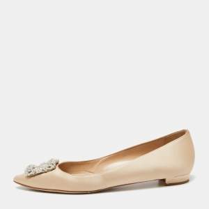 Pre Owned Manolo Blahnik Beige Satin Hangisi Ballet Flats Size 41 