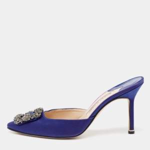Pre Owned Manolo Blahnik Blue Satin Hangisi Pointed-Toe Mules Size 38.5