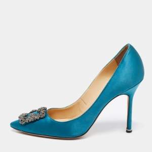 Pre Owned Manolo Blahnik Teal Satin Hangisi Pumps Size 40