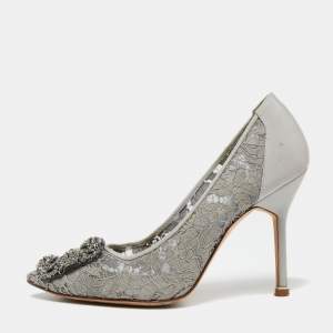Pre Owned Manolo Blahnik Grey Lace Hangisi Pumps Size 35