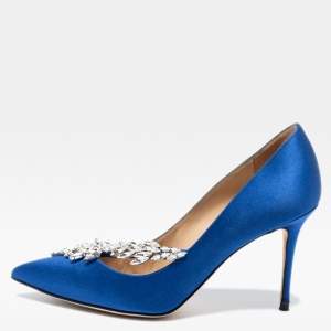 Pre Owned Manolo Blahnik Royal Blue Satin Nadira Pointed-Toe Pumps Size 35.5