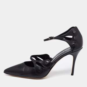 Pre Owned Manolo Blahnik Black Leather Pointed Toe Ankle Strap Sandals Size 40.5