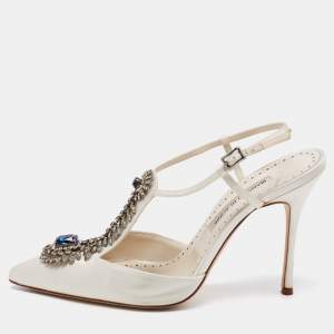 Manolo Blahnik White Satin Crystal Embellished Jamala Ankle Strap Sandals Size 39