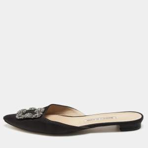 Pre Owned Manolo Blahnik Black Satin Hangisimu Flats Size 39.5