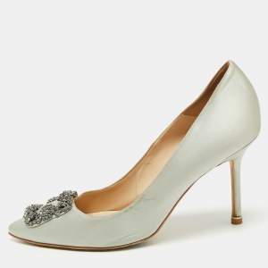 Pre Owned Manolo Blahnik Grey Satin Hangisi  Pumps Size 40