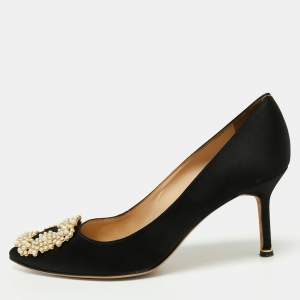 Pre Owned Manolo Blahnik Black Satin Pearl Embellished Hangisi Pumps Size 38