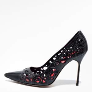 Pre Owned Manolo Blahnik Black Laser-Cut Leather BB Roc Pumps Size 40