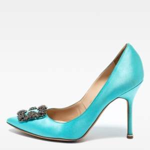 Pre Owned Manolo Blahnik Blue Satin Jewel Buckle Hangisi Pumps Size 38.5