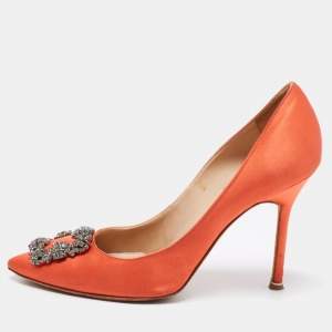 Pre Owned Manolo Blahnik Orange Satin Hangisi Pumps Size 40.5