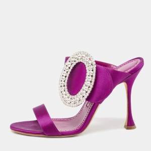 Manolo Blahnik Pink Satin Fibiona Crystal Embellished Mules Size 39.5