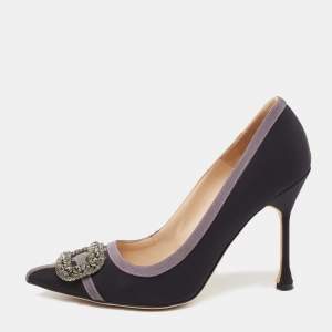 Pre Owned Manolo Blahnik Black/Purple Satin Gotrian Pumps Size 39.5