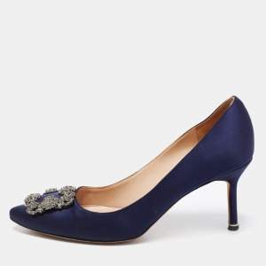 Pre Owned Manolo Blahnik Navy Blue Satin Hangisi Pumps Size 39