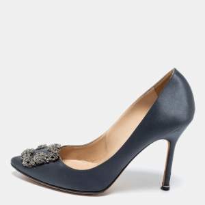 Pre Owned Manolo Blahnik Grey Satin Hangisi Pointed Toe Pumps Size 39