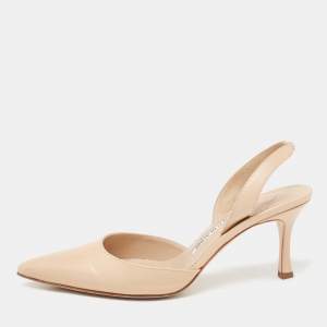 Pre Owned Manolo Blahnik Beige Leather Carolyne Slingback Pumps Size 37.5