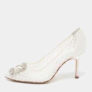 Pre Owned Manolo Blahnik White/Grey Lace and Satin Hangisi Pointed Toe Pumps Size 36