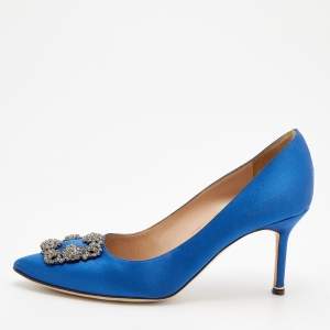 Pre Owned Manolo Blahnik Blue Satin Hangisi Pumps Size 40
